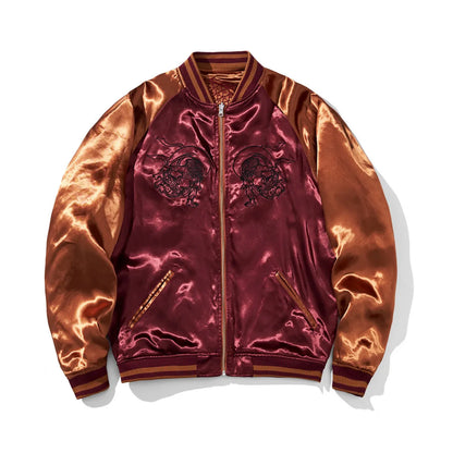 Reverse side of the jacket in solid wine red satin with simple line-art chest embroidery.