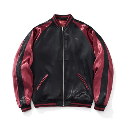 Front view of the reversible black side with red sleeve stripes and a clean, minimalist look.