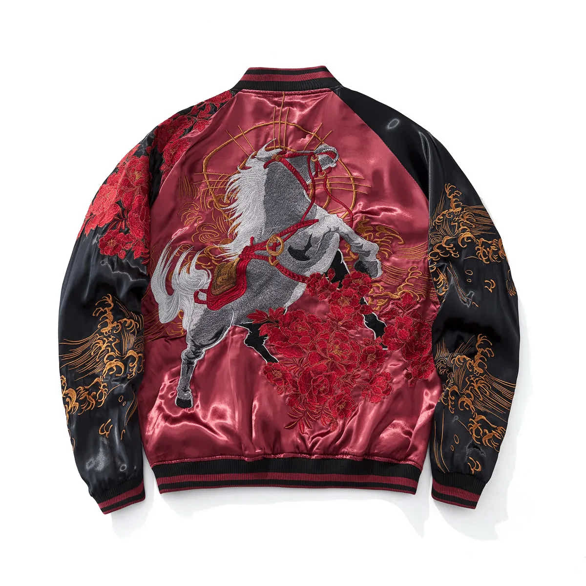 Back view of red Sukajan jacket featuring a white galloping horse and peony embroidery.