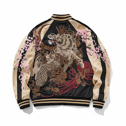 Dynamic kirin back embroidery with a crescent and drifting sakura on a reversible sukajan jacket, side A, beige.