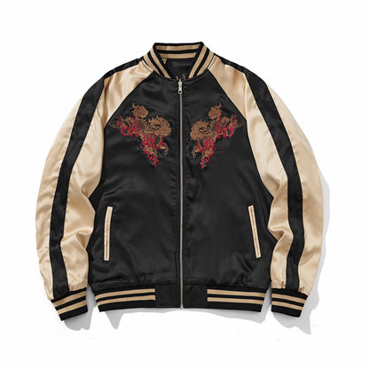 Mirrored kirin chest crests on a reversible sukajan jacket, front view, side B, beige.