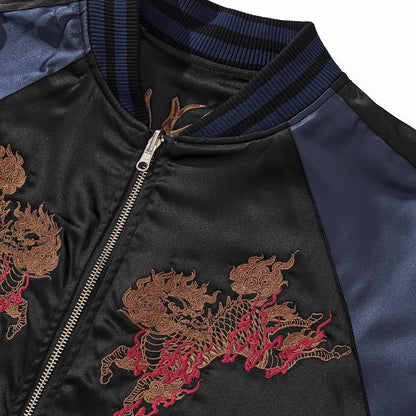 Front chest close-up of twin kirin embroidery with red flames, navy colorway.