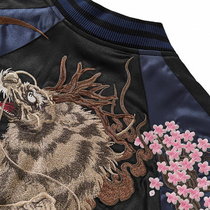 Navy shoulder close-up of kirin mane and antlers with sakura embroidery — Reversible Kirin & Crescent Sukajan Jacket