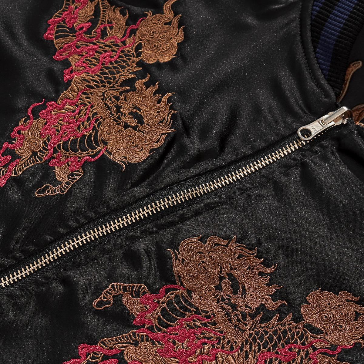Reversible Kirin & Crescent Sukajan Jacket — chest close-up of twin kirin embroidery with front zipper.