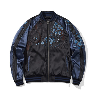 Side A front, navy color reversible sukajan jacket — chest sakura clusters and wave details.