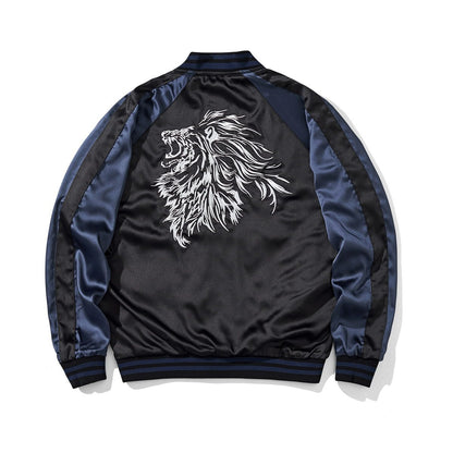 Side B back, navy color reversible sukajan jacket — graphic outline lion head embroidery at center back.