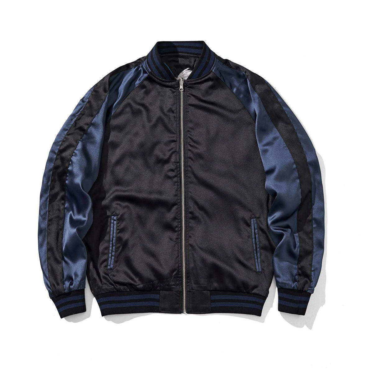 Side B front, navy color reversible sukajan jacket — minimalist front with welt pockets and rib hem.
