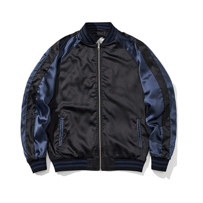 Side B front, navy color reversible sukajan jacket — minimalist front with welt pockets and rib hem.