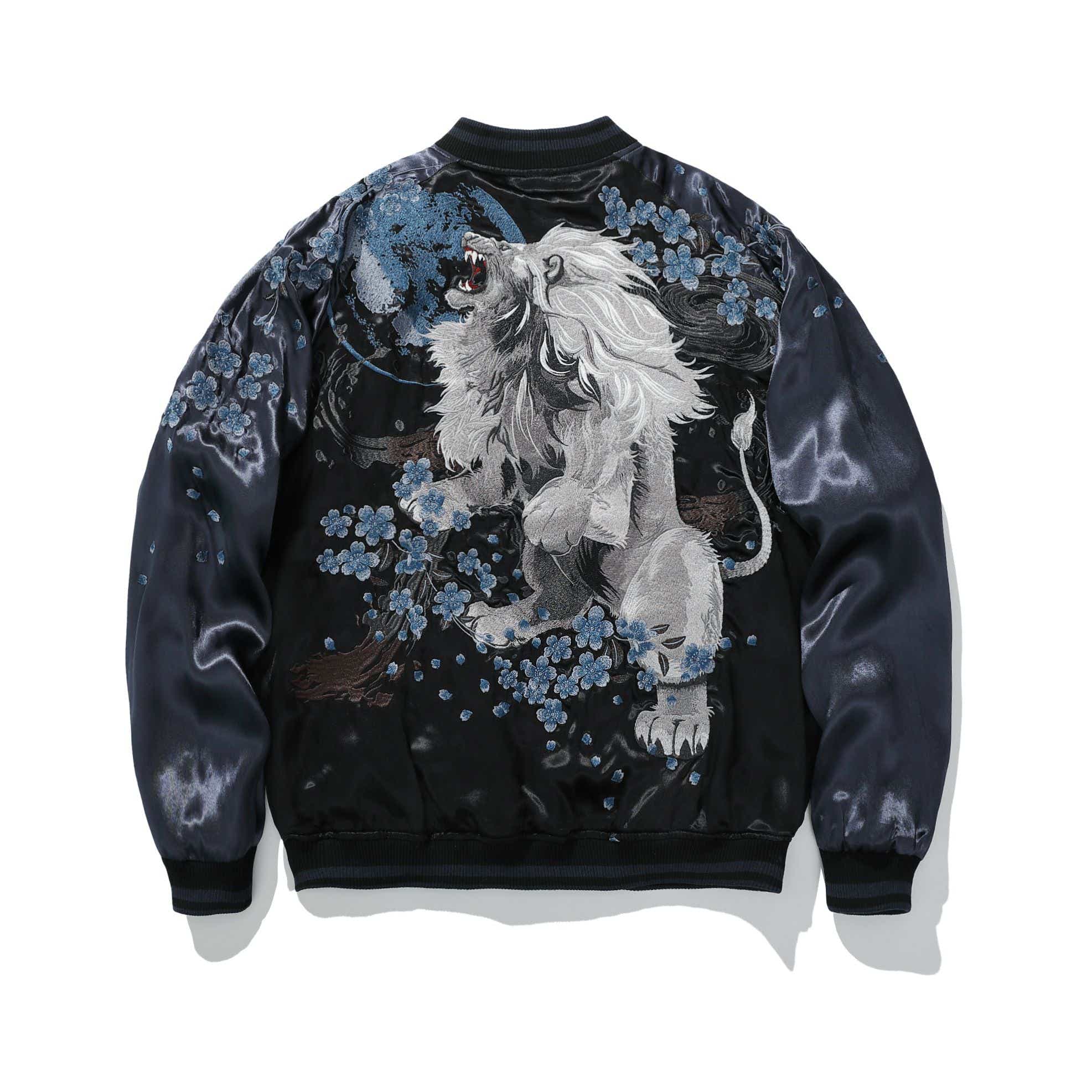 Back view—roaring white lion amid blue blossoms with moon arc and swirling clouds.
