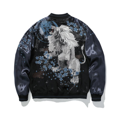 Back view—roaring white lion amid blue blossoms with moon arc and swirling clouds.