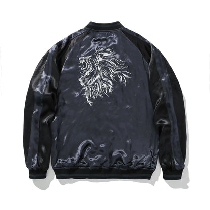 Reverse back—monochrome lion head outline embroidery on satin.