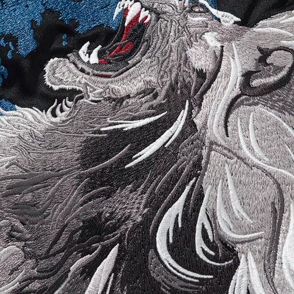 Macro of the lion’s mane and mouth stitching texture of sukajan jacket