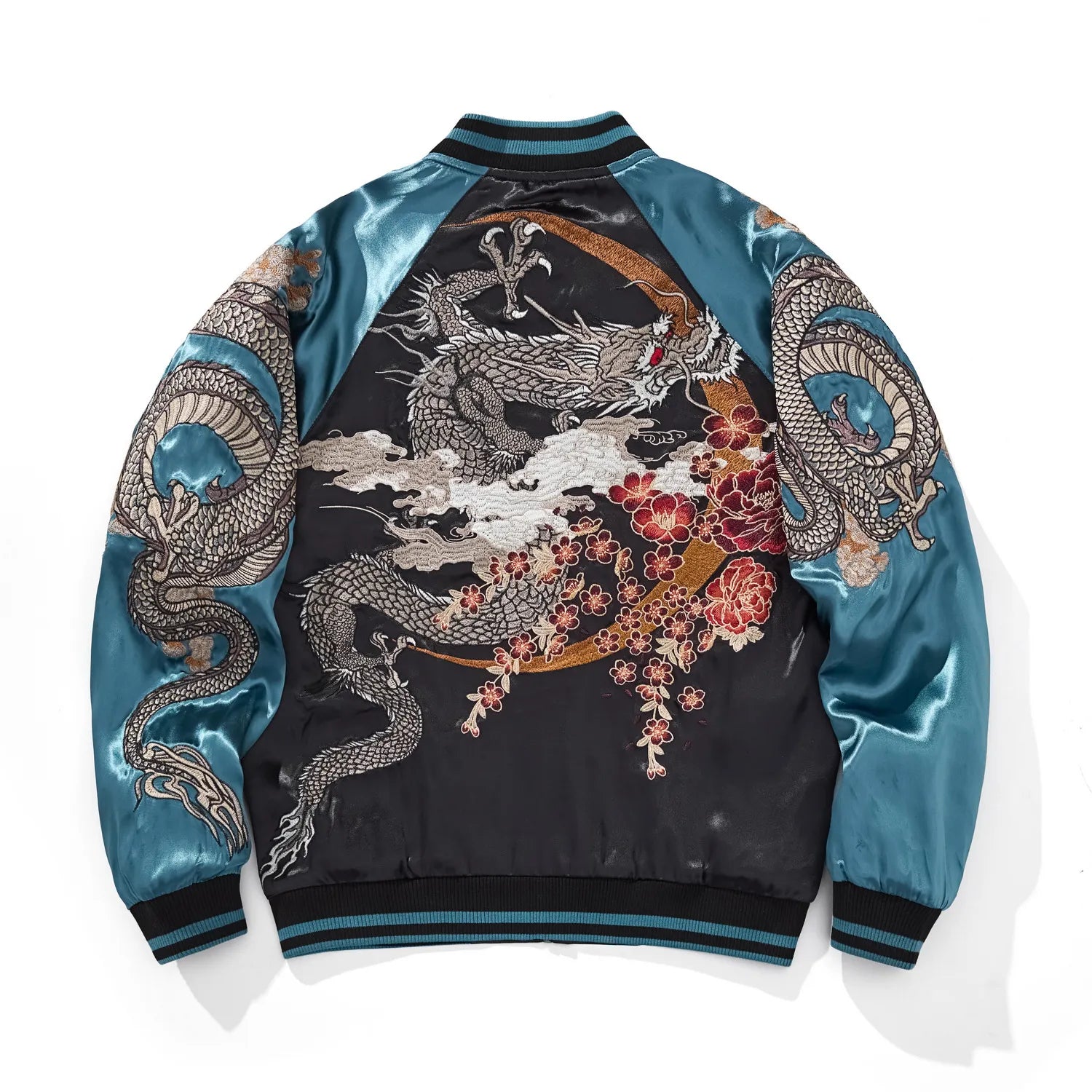 Back view of blue souvenir jacket featuring a coiling Silver Dragon amidst falling cherry blossoms.