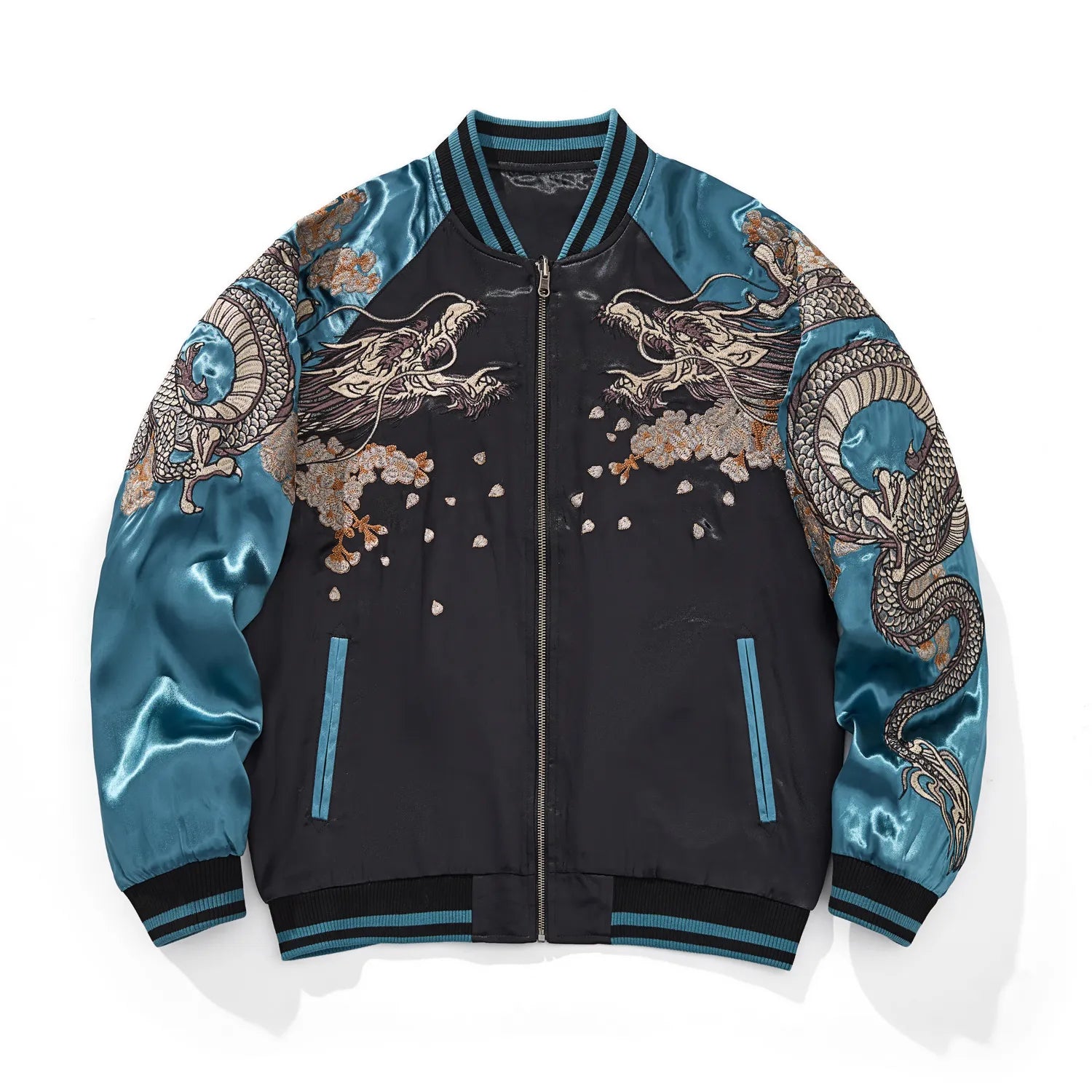 Front view of blue single-sided Sukajan jacket showing intricate silver dragon embroidery on chest and sleeves.