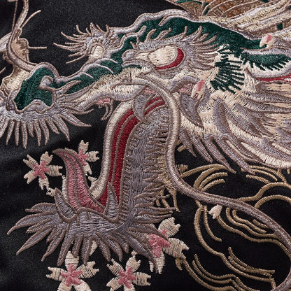 Close-up of dragon head embroidery showing layered satin stitches and whisker detail.