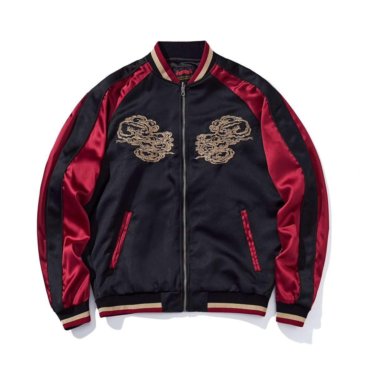 Front view with chest cloud embroidery and striped rib trims