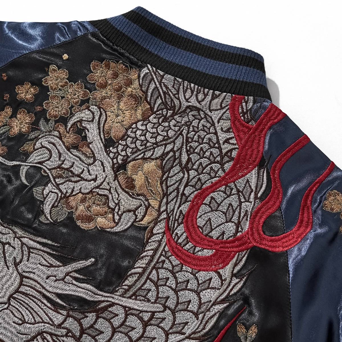 Back collar detail with storm dragon scales, peonies and red flame mane on Storm Dragons & Peony sukajan.