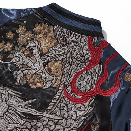 Back collar detail with storm dragon scales, peonies and red flame mane on Storm Dragons & Peony sukajan.