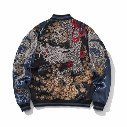 Back view of navy Storm Dragons & Peony sukajan with large silver dragon and peony storm embroidery.