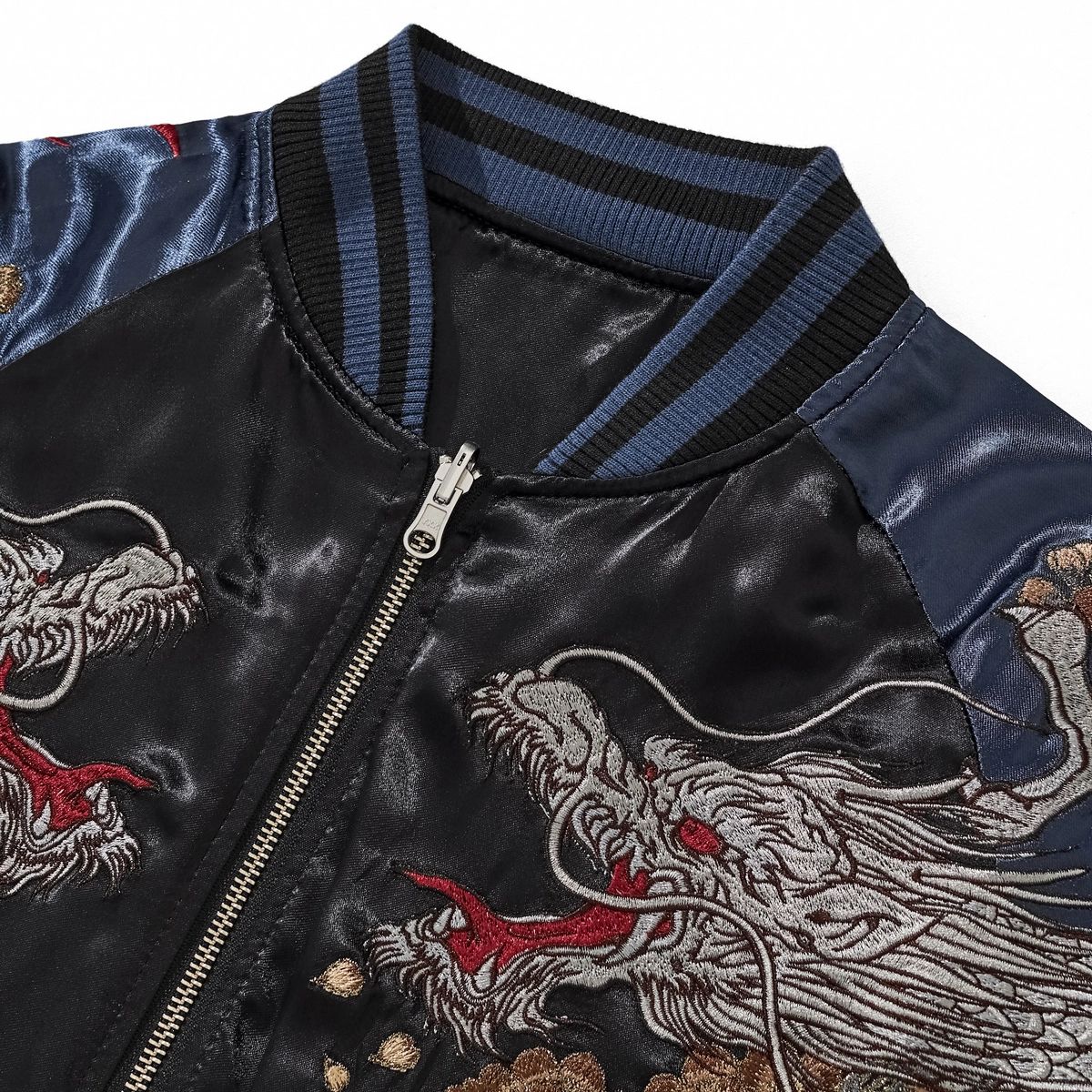 Close-up of navy collar and twin storm dragons embroidery on Storm Dragons & Peony reversible sukajan jacket.