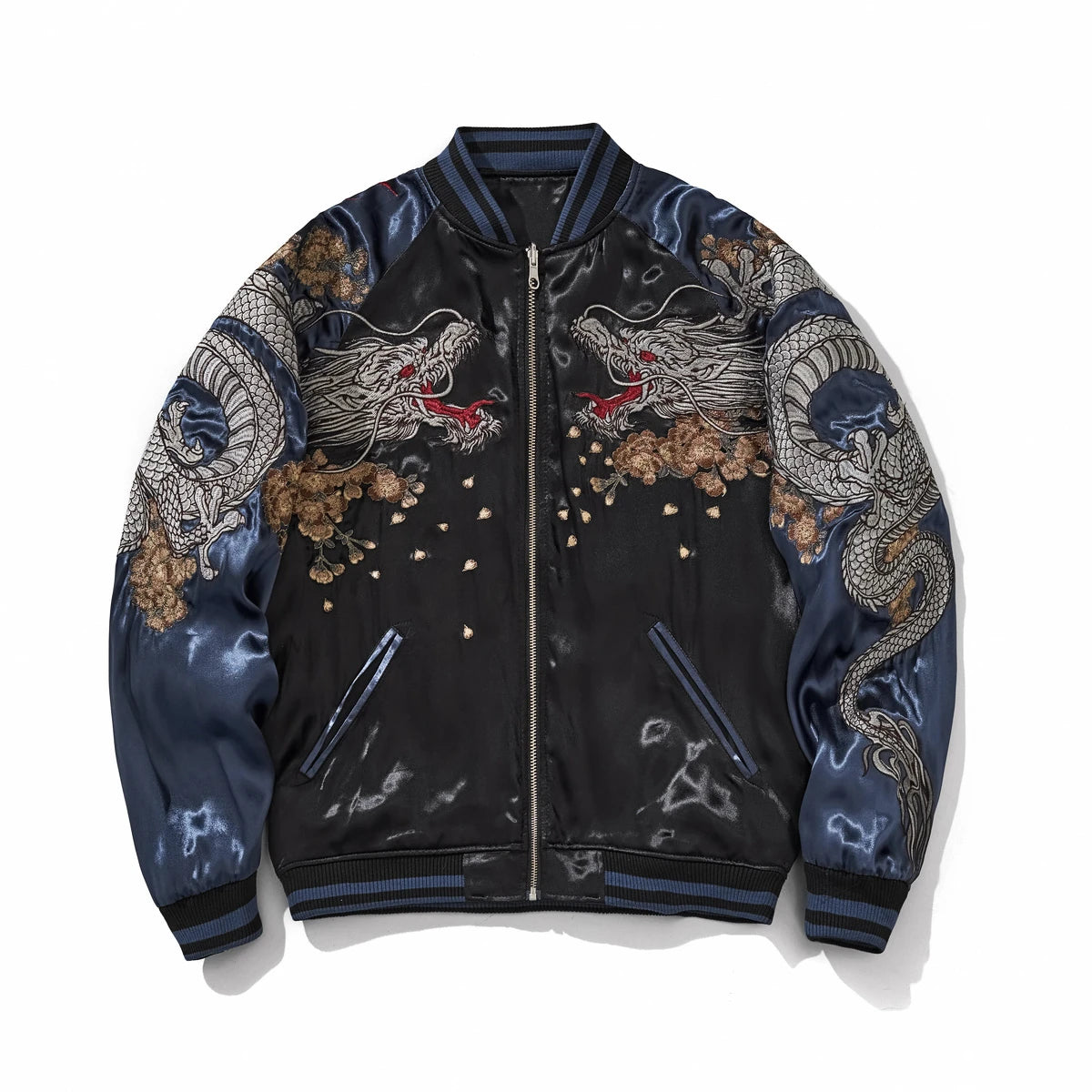 Front view of navy Storm Dragons & Peony sukajan, storm dragons and peony blossoms across chest and sleeves.