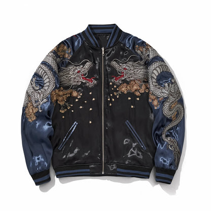 Front view of navy Storm Dragons & Peony sukajan, storm dragons and peony blossoms across chest and sleeves.