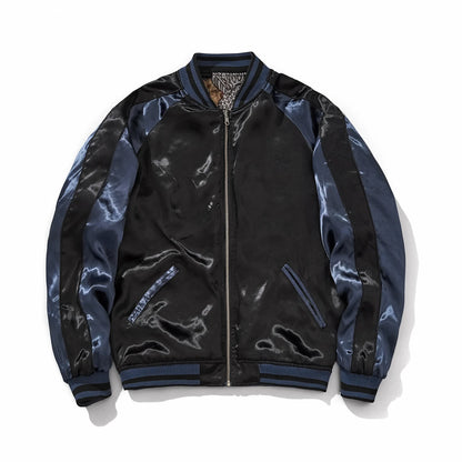 Front view of navy side Storm Dragons & Peony reversible sukajan with black body and navy striped sleeves.