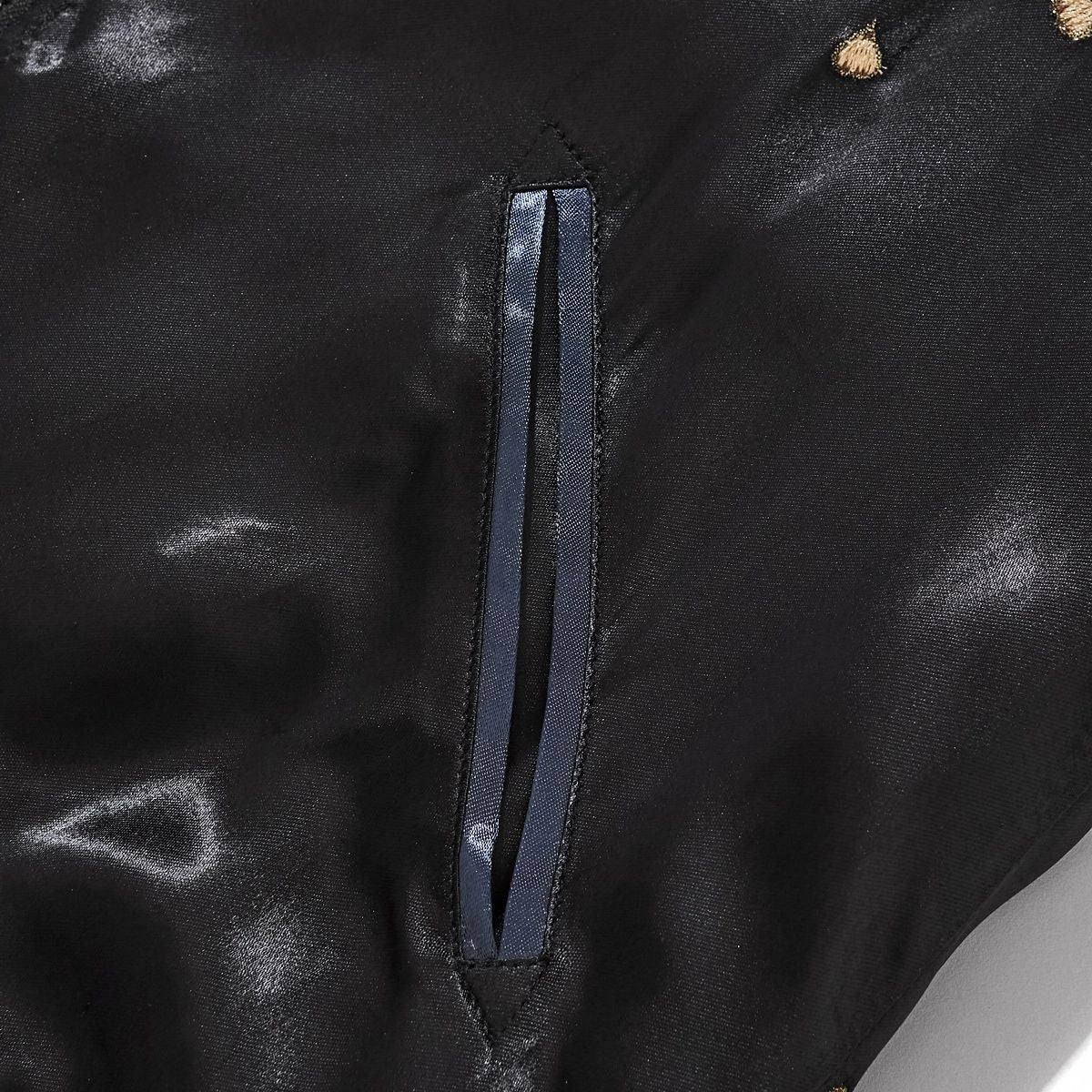 Detail of navy welt pocket with satin piping on Storm Dragons & Peony Japanese sukajan bomber jacket.