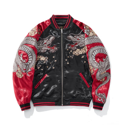  Front view of red Storm Dragons & Peony sukajan with storm dragons on sleeves and peony petals on chest.