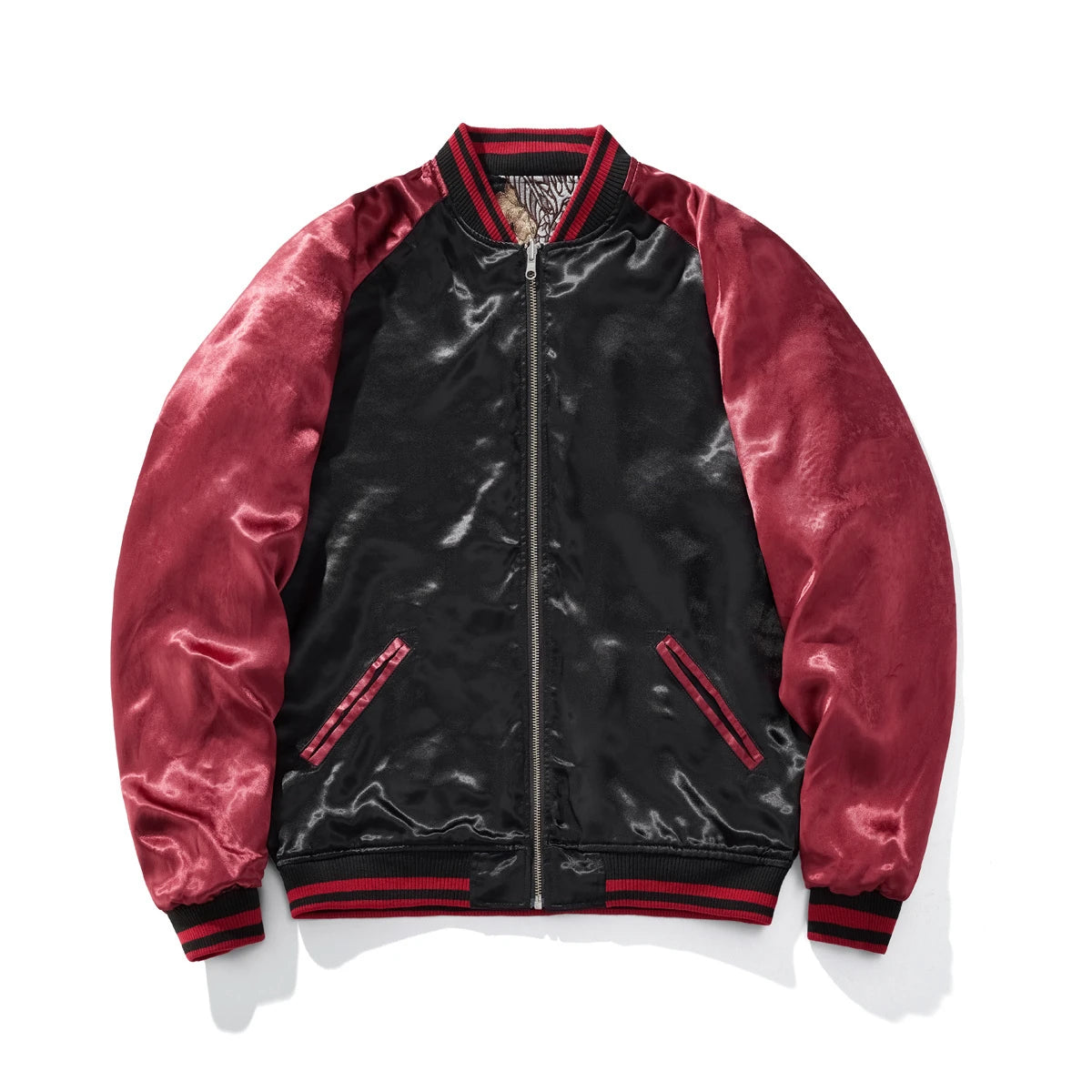 Front view of red side Storm Dragons & Peony reversible sukajan with clean black body and red sleeves.