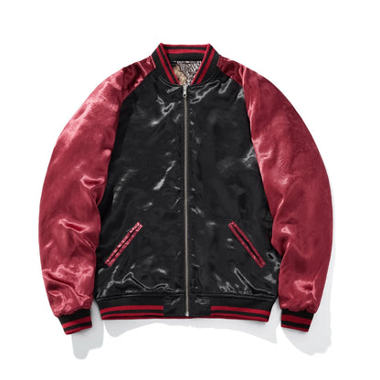 Front view of red side Storm Dragons & Peony reversible sukajan with clean black body and red sleeves.