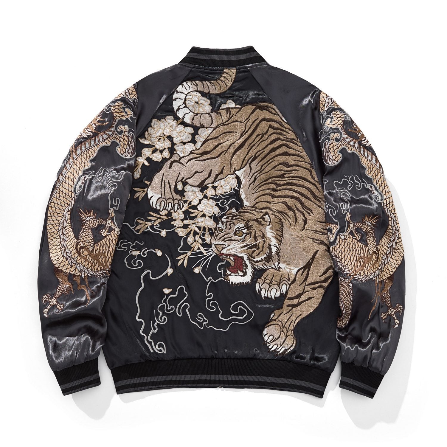 Back view of gray sukajan jacket—roaring tiger with blossoms, cloud swirls, and twin dragons on sleeves.