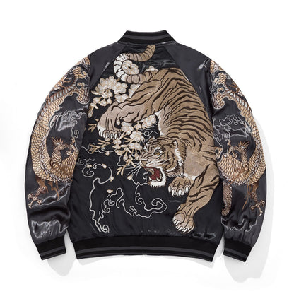 Back view of gray sukajan jacket—roaring tiger with blossoms, cloud swirls, and twin dragons on sleeves.