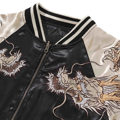 Collar and zipper detail with chest-adjacent dragon embroidery.