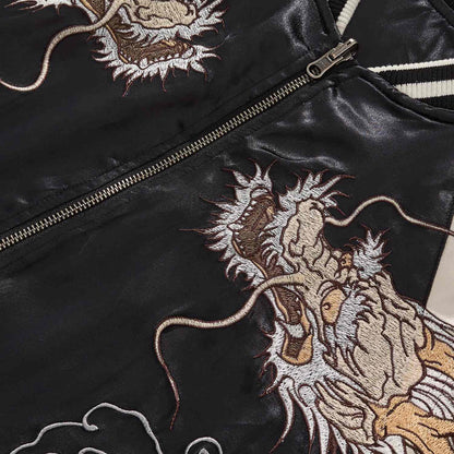 Close-up of metal zipper with twin dragon chest embroidery.