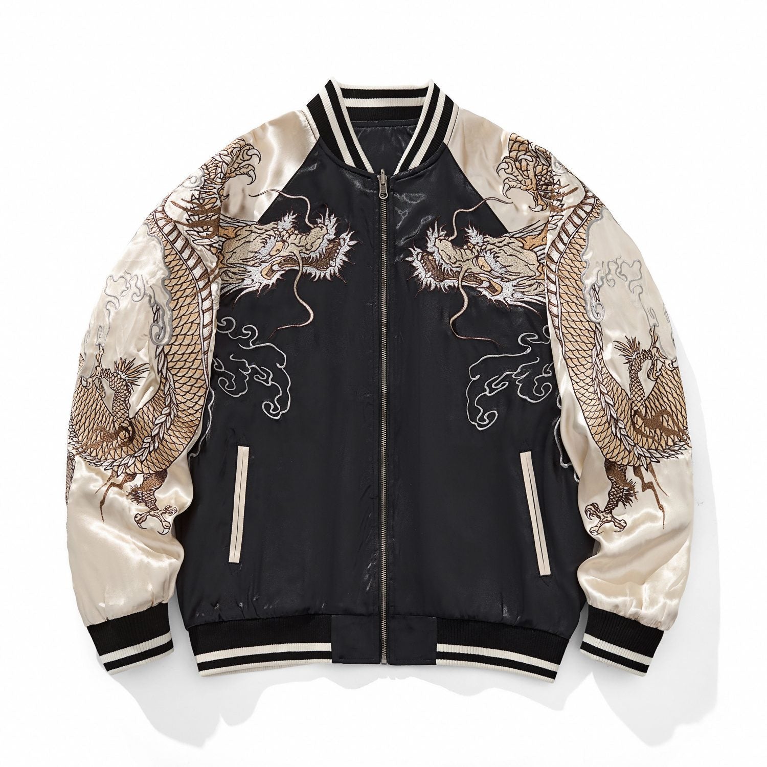 Front view of beige sukajan jacket—clean body with mirrored dragon embroidery on both sleeves and cloud motifs.