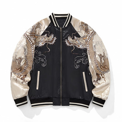 Front view of beige sukajan jacket—clean body with mirrored dragon embroidery on both sleeves and cloud motifs.