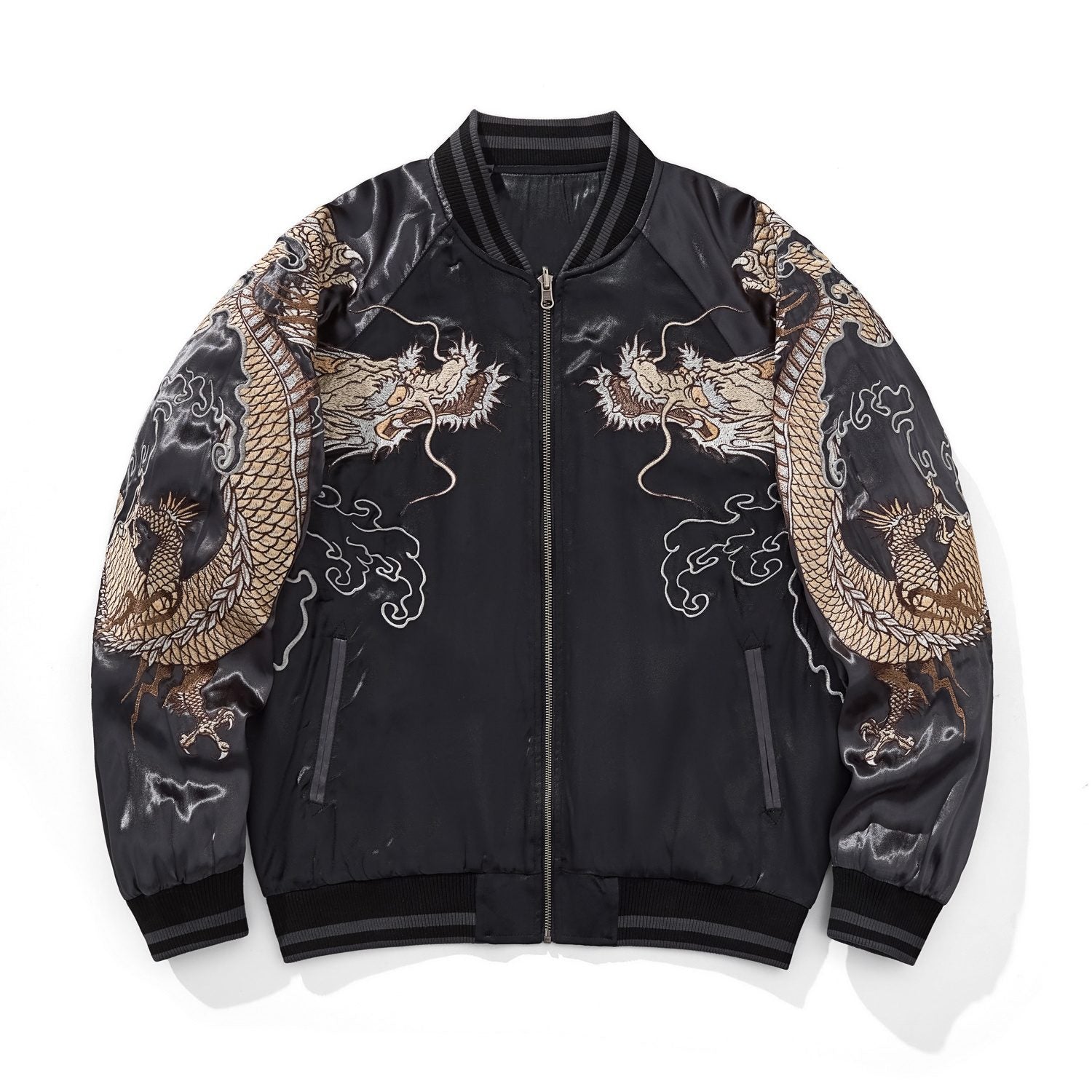 Front view of gray sukajan jacket—clean body with mirrored dragon embroidery on both sleeves and cloud motifs.