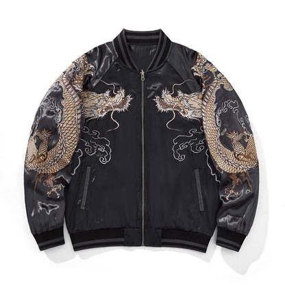 Front view of gray sukajan jacket—clean body with mirrored dragon embroidery on both sleeves and cloud motifs.