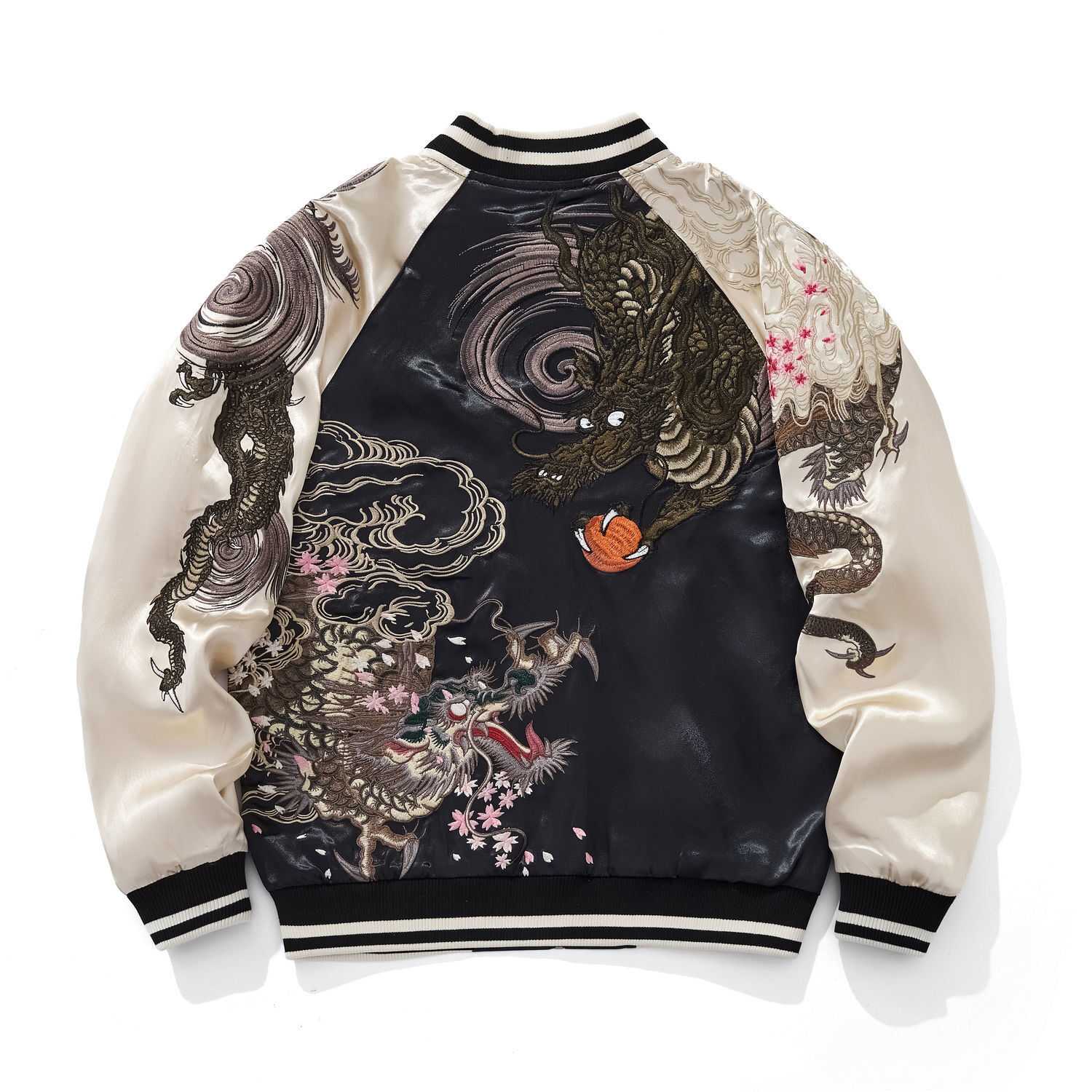 Back view of beige Twin Dragons & Sakura embroidered sukajan jacket with full twin dragon and sakura scene.