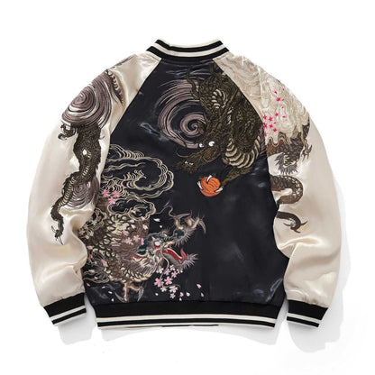 Back view of beige Twin Dragons & Sakura embroidered sukajan jacket with full twin dragon and sakura scene.