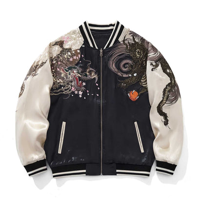 Front view of beige Twin Dragons & Sakura embroidered sukajan jacket, showcasing Japanese dragon and cherry blossom artwork.