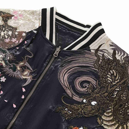 Close-up of collar on Twin Dragons & Sakura embroidered sukajan jacket, showing Japanese dragon stitching and ribbed trim.