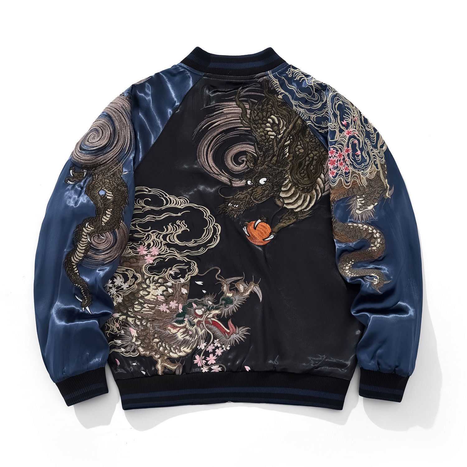 Back view of navy Twin Dragons & Sakura embroidered sukajan jacket with twin dragons and falling sakura petals.