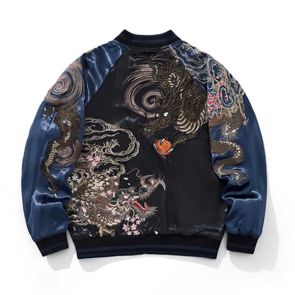 Back view of navy Twin Dragons & Sakura embroidered sukajan jacket with twin dragons and falling sakura petals.