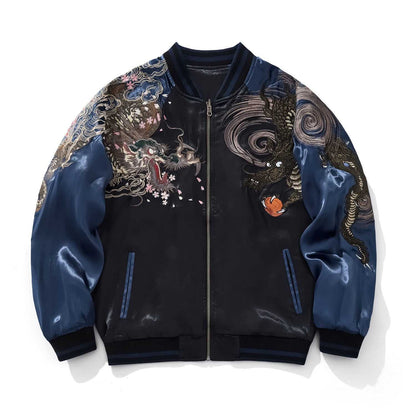 Front view of navy Twin Dragons & Sakura embroidered sukajan bomber jacket with dragons and sakura on chest and sleeves.