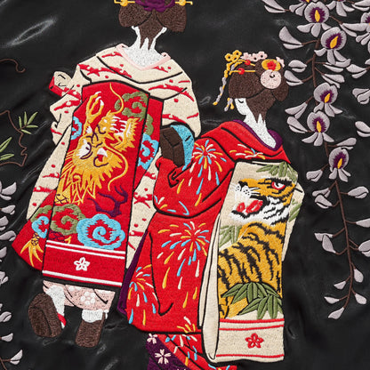 Close-up detail of high-density embroidery on the Geisha's kimonos featuring a Golden Dragon and Roaring Tiger.