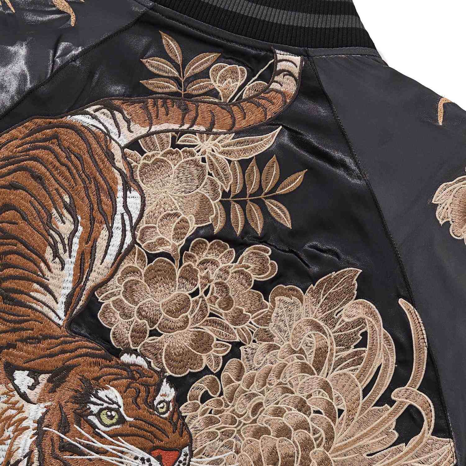 Close-up of tiger and chrysanthemum embroidery on the back of the sukajan jacket